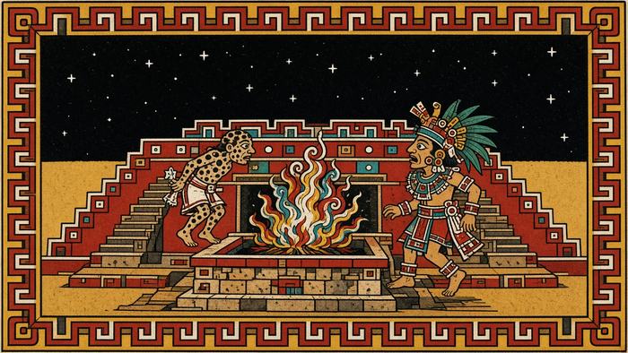 Lámina estilo códice: Nanahuatzin ante la hoguera divina en Teotihuacan